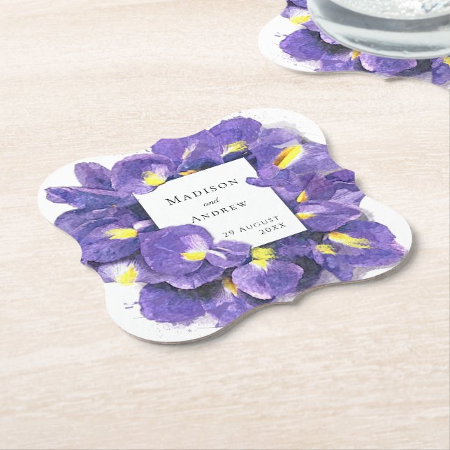Stunning Purple Irises Watercolor Floral Wedding Paper Coaster (Angled)