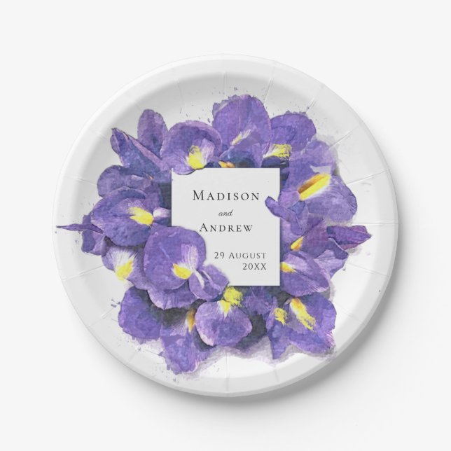 Stunning Purple Irises Watercolor Floral Wedding Paper Plate (Front)