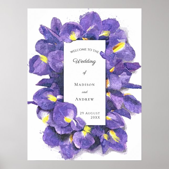 Stunning Purple Irises Watercolor Floral Wedding Poster (Front)
