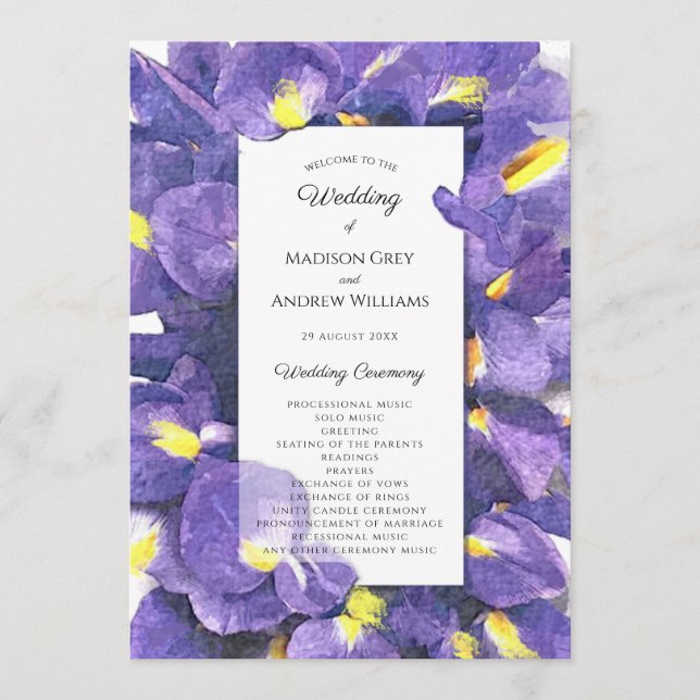 Stunning Purple Irises Watercolor Floral Wedding Programme (Front)
