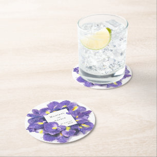 Stunning Purple Irises Watercolor Floral Wedding Round Paper Coaster