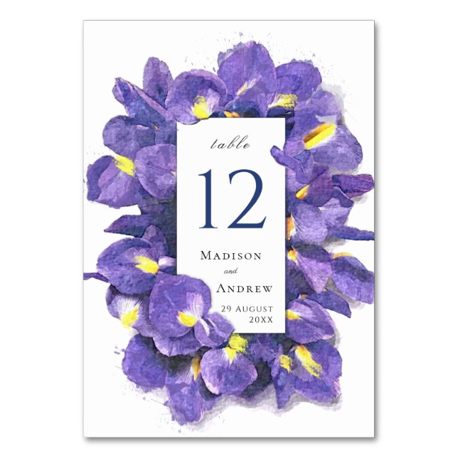 Stunning Purple Irises Watercolor Floral Wedding Table Number (Front)