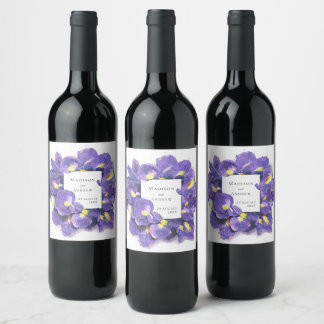 Stunning Purple Irises Watercolor Floral Wedding Wine Label
