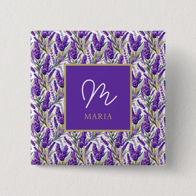 Stunning Purple Lavender Pattern Monogramed 15 Cm Square Badge (Front)