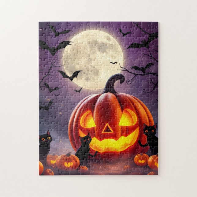 Stunning Puzzle – Pumpkin, Cats, Bats & Full Moon (Vertical)