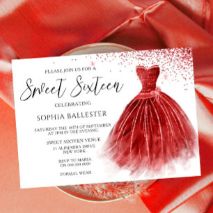 Stunning Red Glitter Gown Dress Sweet 16 Party Invitation