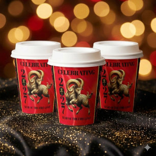 Stunning Red Gold 2027 Year of the Fire Goat Paper Cups