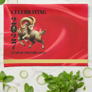 Stunning Red Gold 2027 Year of the Fire Goat Tea Towel
