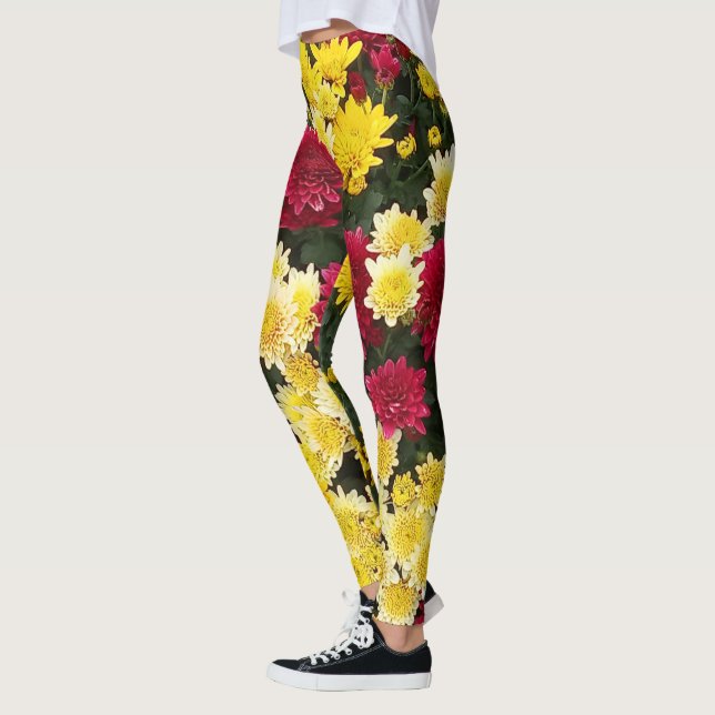 Stunning Red Gold Autumn Chrysanthemum Flowers Leggings (Left)