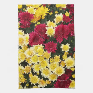 Stunning Red Gold Autumn Chrysanthemum Flowers Tea Towel