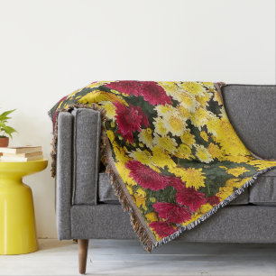 Stunning Red Gold Autumn Chrysanthemum Flowers Throw Blanket
