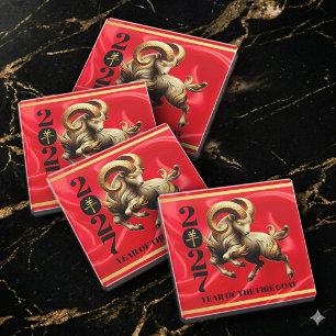 Stunning Red Gold Chinese Year of Fire Goat 2027 Glass Coaster