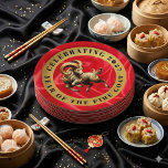 Stunning Red Gold Chinese Year of Fire Goat 2027 Paper Plate<br><div class="desc">Elevate your 2027 lunar new year entertainment and dining experiences with several of these paper plates, which feature the Fire Goat dancing on a luxurious faux red silk background encircled by faux gold foil, plus the Chinese letterform for the Goat/Sheep/Ram rendered in faux gold foil, standing in place of the...</div>