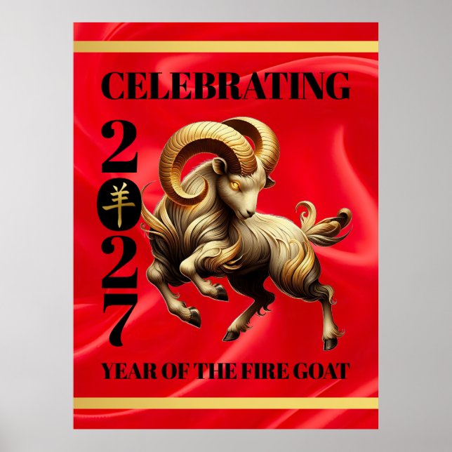 Stunning Red Gold Chinese Year of Fire Goat 2027 Poster (Front)