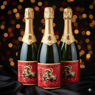Stunning Red Gold Chinese Year of Fire Goat 2027 Sparkling Wine Label