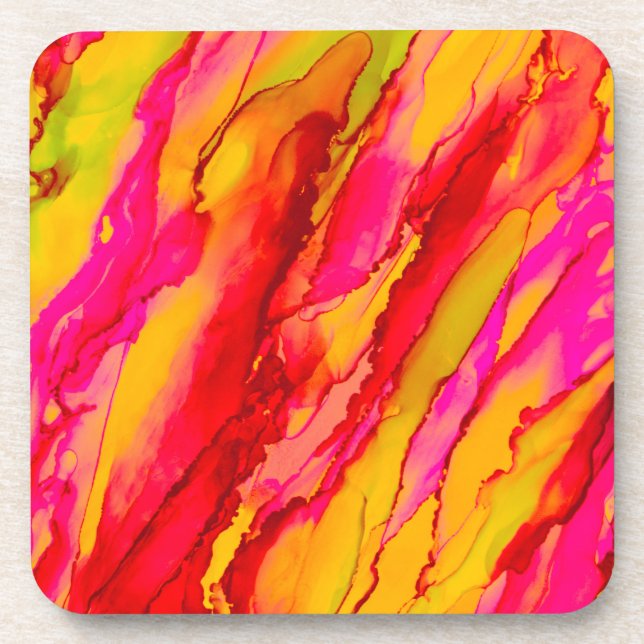 Stunning Red Pink Yellow Alcohol Ink Coaster (Front)