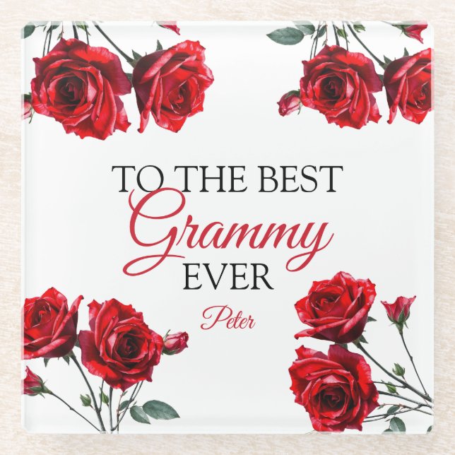 Stunning Red Roses Grandma Glass Coaster (Front)