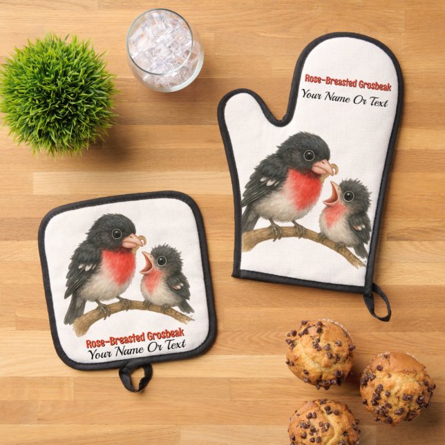Stunning Rose Breasted Grosbeak Oven Mitt & Pot Holder Set (Top Down)