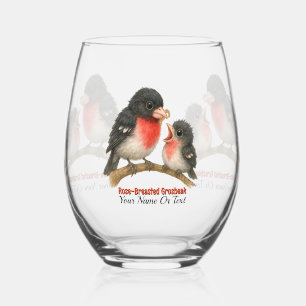 Stunning Rose Breasted Grosbeak Stemless Wine Glass