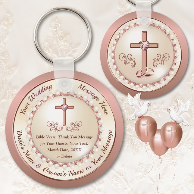 Stunning Rose Gold, Christian Wedding Favours Idea Key Ring (Christian wedding favors for guests. Rose Gold and Champagne Wedding Theme. Elegant baptism favors.)