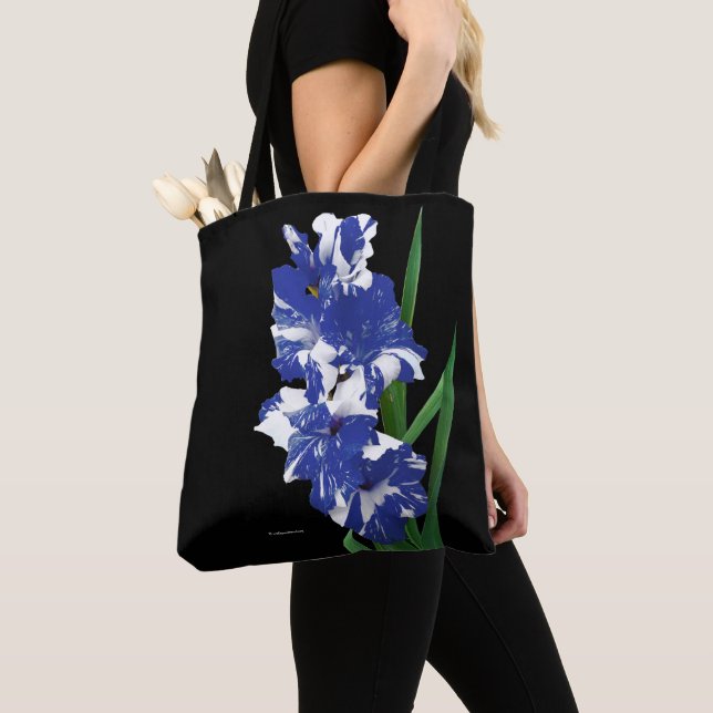 Stunning Royal Blue & White Gladiolus Sword Lilies Tote Bag (Close Up)