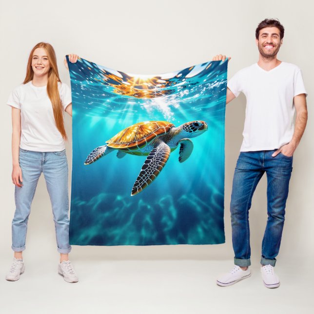 Stunning Sea Turtle in Sunlit Ocean Waters Fleece Blanket (In Situ)