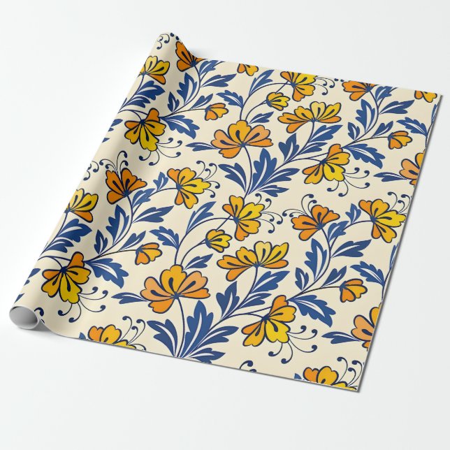 Stunning Seamless Pattern of Flowers and Leaves Wrapping Paper (Unrolled)