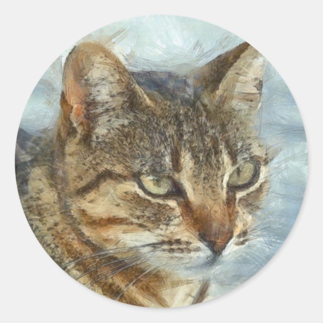 Stunning Tabby Cat Close Up Graphite Pencil Portra Classic Round Sticker (Front)