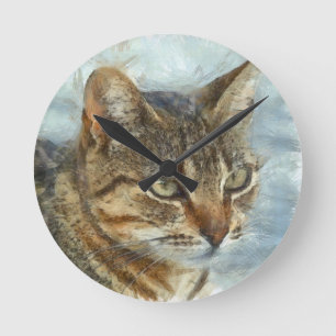 Stunning Tabby Cat Close Up Graphite Pencil Portra Round Clock