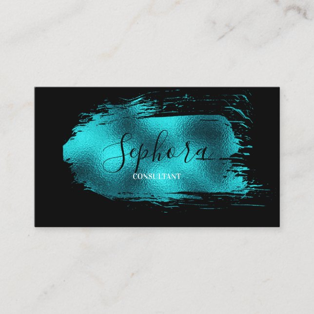 Stunning Teal Metallic Foil Paint Stroke Business Card (Front)