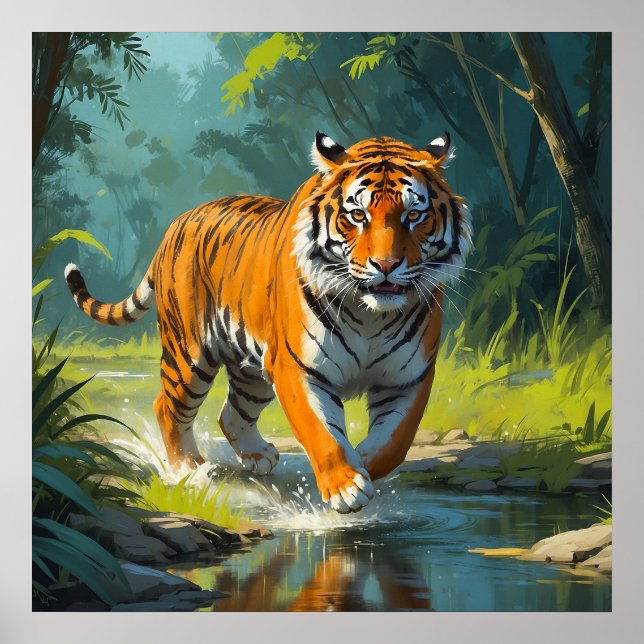 Stunning Tiger Running in the Jungle Painting Poster (Front)