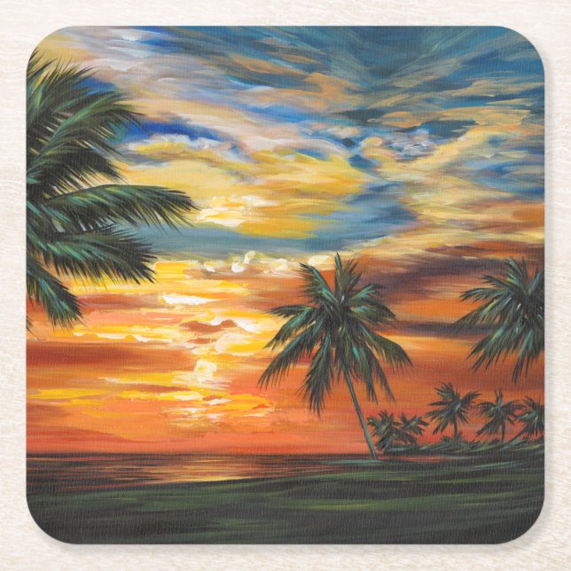 Stunning Tropical Sunset Square Paper Coaster (Front)
