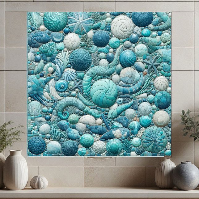 Stunning Underwater Shells Aquamarine Blue Mosaic  Tile (Stunning Underwater Shells Aquamarine Blue Mosaic Ceramic Tile)