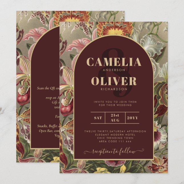 Stunning Vintage Botanical Burgundy Floral Weddin Invitation (Front/Back)