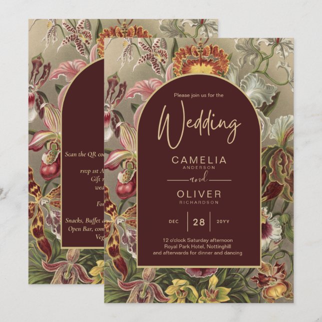 Stunning Vintage Botanical Burgundy Floral Weddin Invitation (Front/Back)