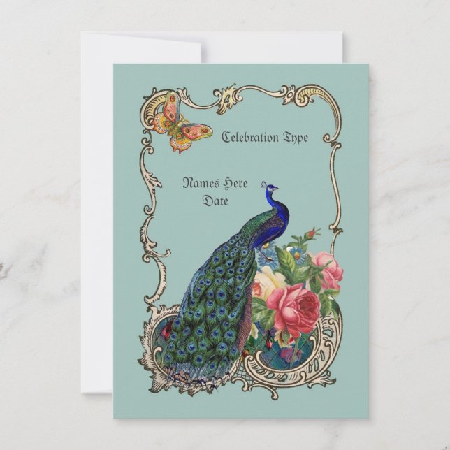 Stunning vintage peacock & flowers invitations (Front)