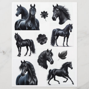 Stunning Watercolor Black Horses & Flowers