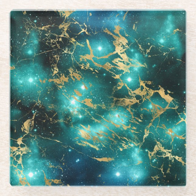 Stunning Watercolor Green & Gold Marble Galaxy Glass Coaster (Front)