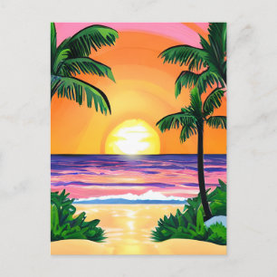 Stunning Watercolor Palm Trees Sunset  Postcard