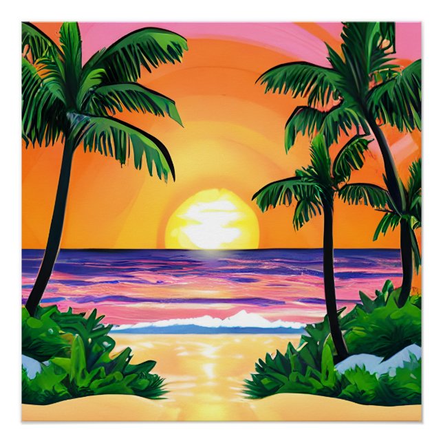 Stunning Watercolor Palm Trees Sunset  Poster (Front)