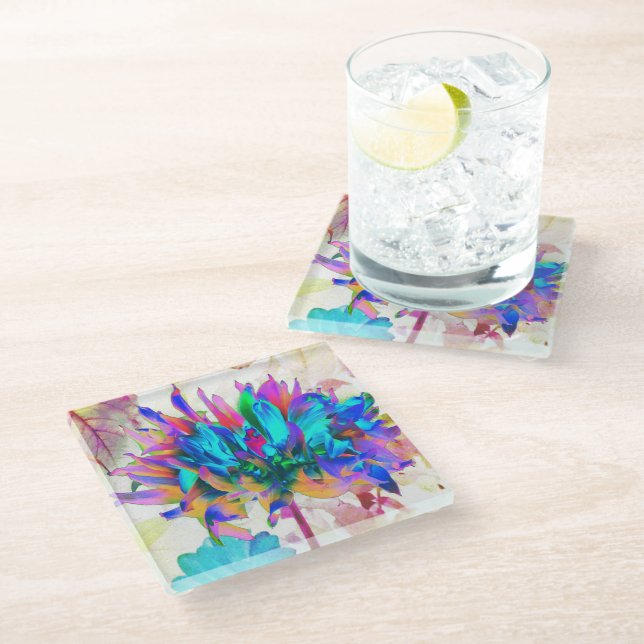 Stunning Watercolor Rainbow Cactus Dahlia Glass Coaster (Angled)