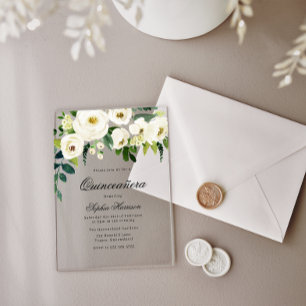 Stunning White Flowers Quinceanera 15th Birthday Acrylic Invitations