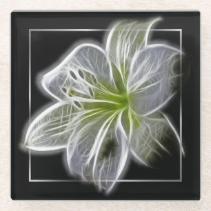 Stunning White Lily Fractal Art Black Glass Coaster