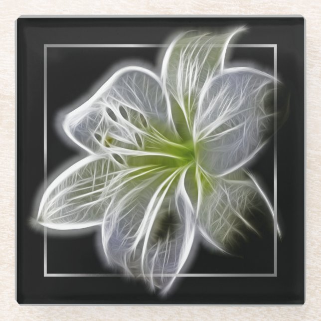 Stunning White Lily Fractal Art Black Glass Coaster (Front)
