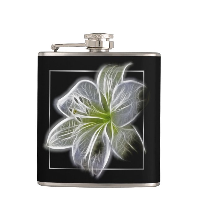 Stunning White Lily Fractal Art Black Hip Flask (Front)