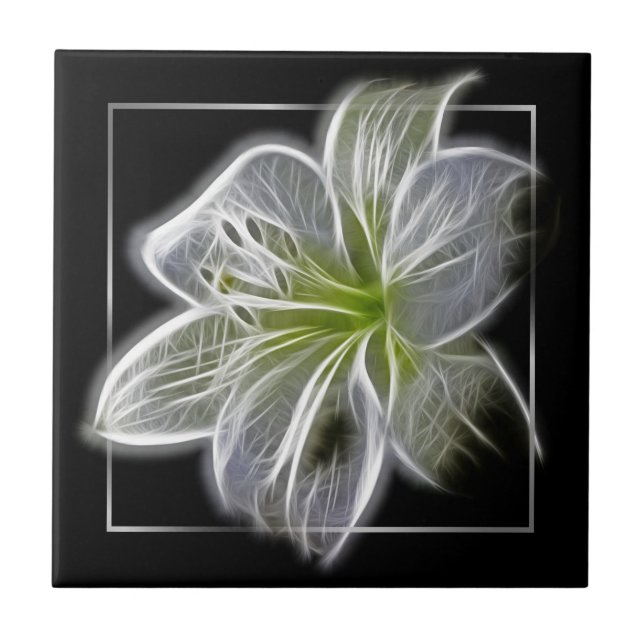 Stunning White Lily Fractal Art Black Tile (Front)