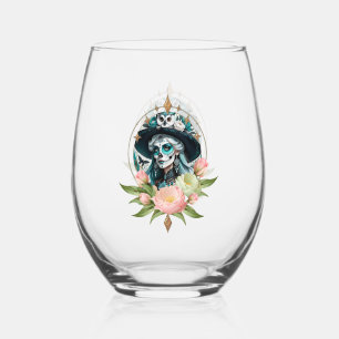 Stunning woman  with a stunning sugar skull makeup stemless wine glass