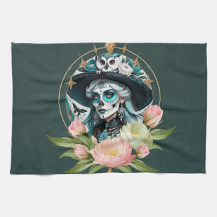 Stunning woman  with a stunning sugar skull makeup tea towel