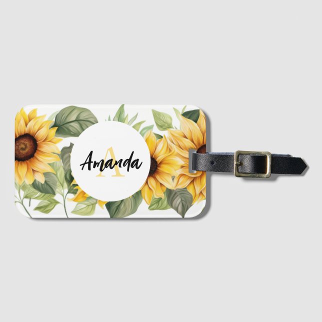Stunning Yellow Sunflower Pattern Monogramed Luggage Tag (Front Horizontal)