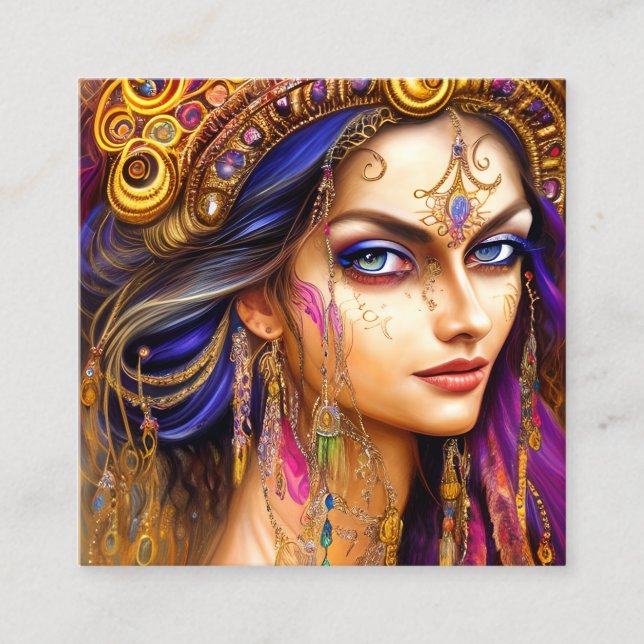Stunningly Realistic Gypsy Lady Triptych Square Business Card (Front)